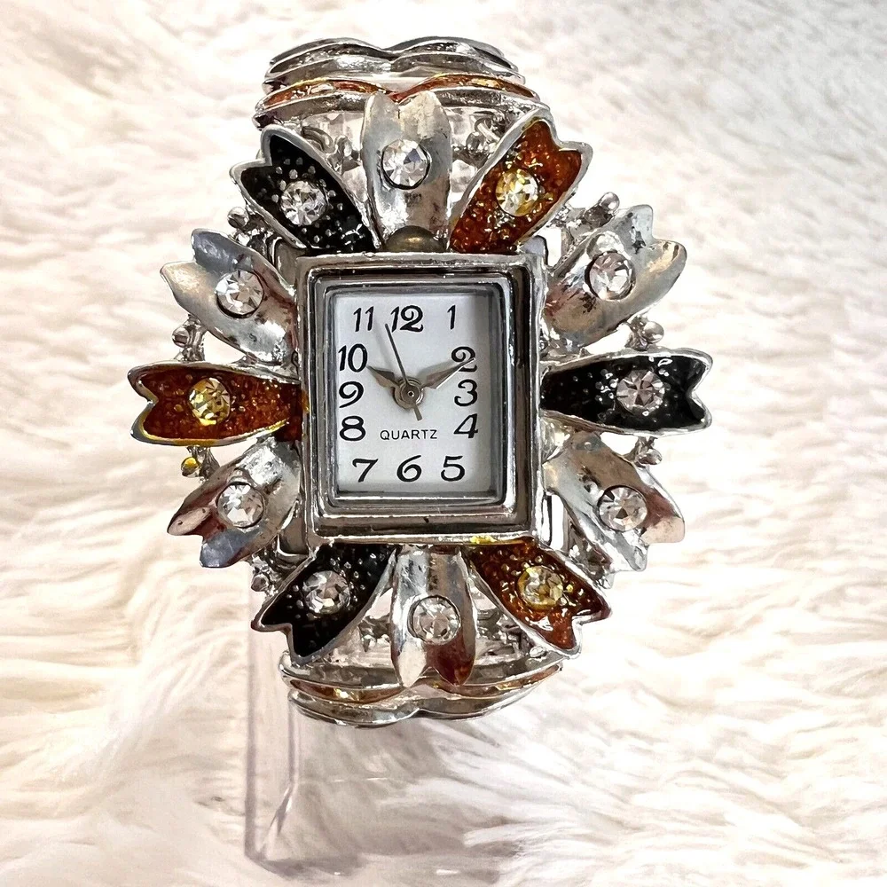 Women's Watch Floral‎ Brown/Black Silver Tone Bracelet Wristwatch 6.5 in